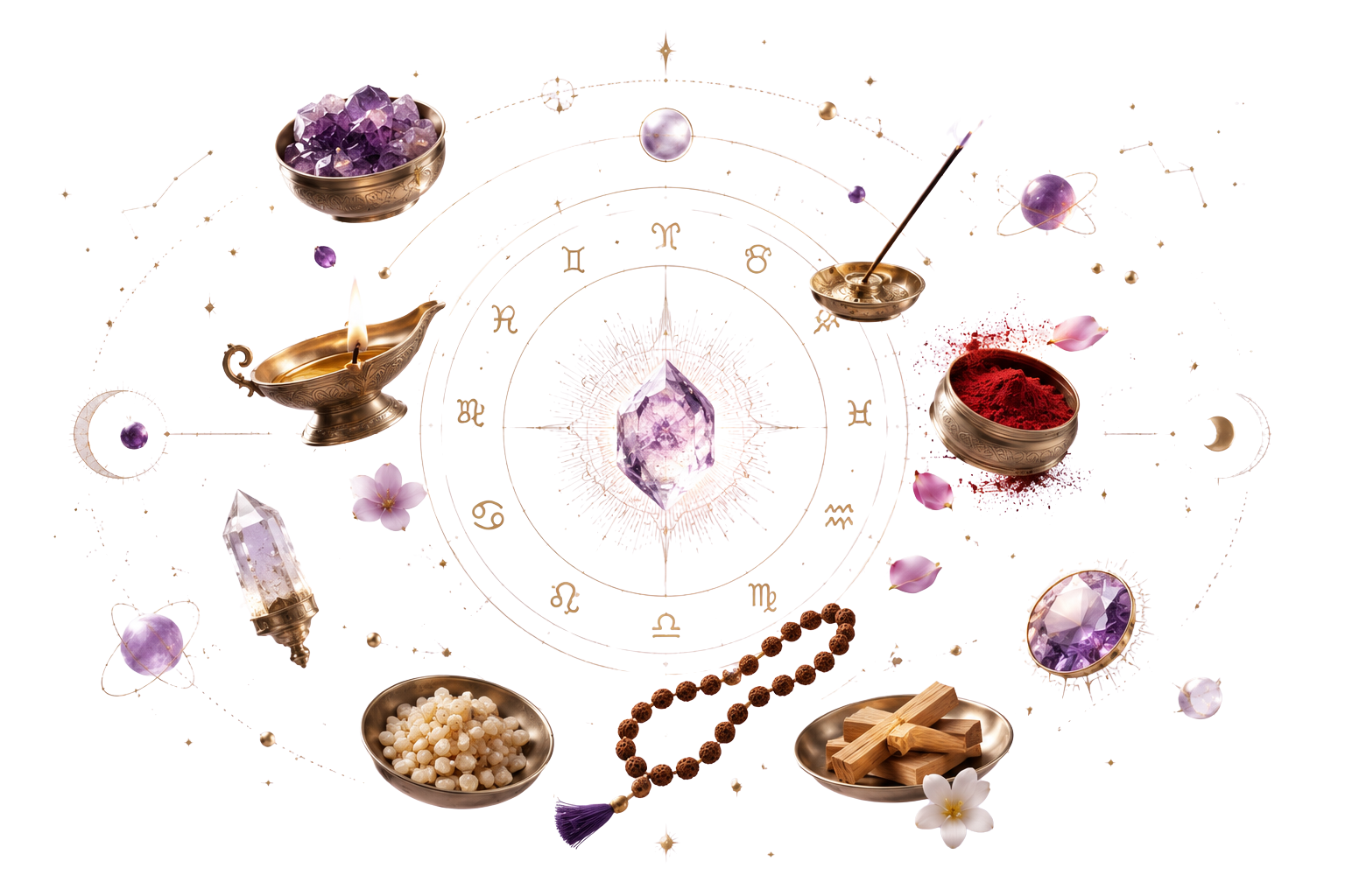 Authentic pooja samagri — chart, diya, offerings, and sacred objects